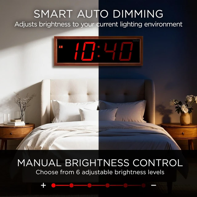 Alt view image 4 of 6 - Ivation Digital Wall Clock, 24" LED Display, Brown Wood Frame, Auto Dimming, Remote