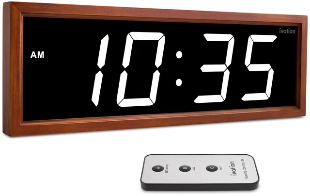 Main image of Ivation Digital Wall Clock, 24" LED Display, Brown Wood Frame, Auto Dimming, Remote White
