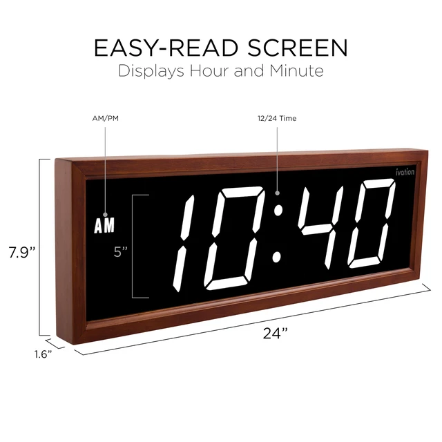 Alt view image 2 of 6 - Ivation Digital Wall Clock, 24" LED Display, Brown Wood Frame, Auto Dimming, Remote White