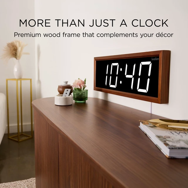 Alt view image 3 of 6 - Ivation Digital Wall Clock, 24" LED Display, Brown Wood Frame, Auto Dimming, Remote White