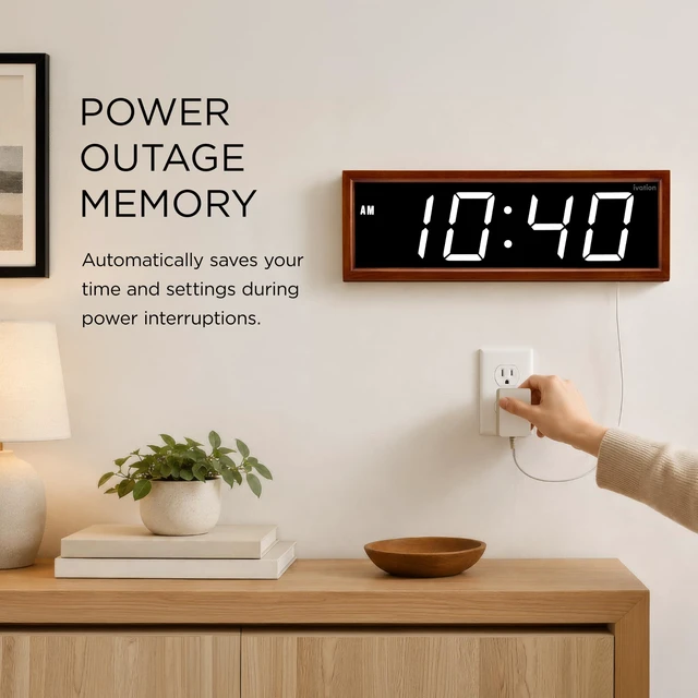 Alt view image 6 of 6 - Ivation Digital Wall Clock, 24" LED Display, Brown Wood Frame, Auto Dimming, Remote White