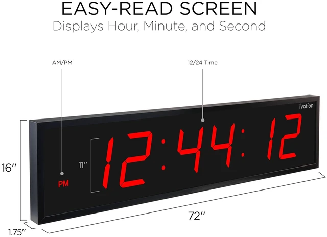 Alt view image 2 of 7 - Ivation Large Digital Clock, 72" LED Wall Clock with Stopwatch, Alarms, Timer, Temp & Remote - Red