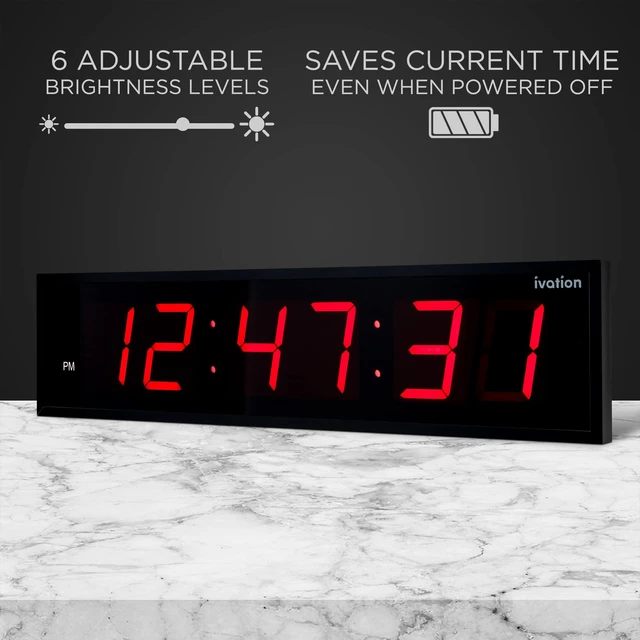 Alt view image 5 of 7 - Ivation Large Digital Clock, 72" LED Wall Clock with Stopwatch, Alarms, Timer, Temp & Remote - Red