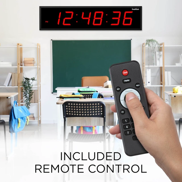 Alt view image 3 of 7 - Ivation Large Digital Clock, 72" LED Wall Clock with Stopwatch, Alarms, Timer, Temp & Remote - Red