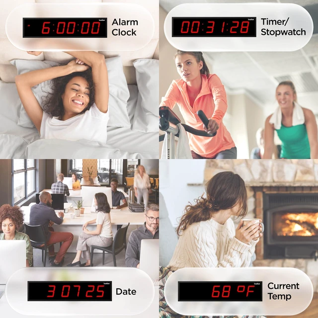 Alt view image 6 of 7 - Ivation Large Digital Clock, 72" LED Wall Clock with Stopwatch, Alarms, Timer, Temp & Remote - Red