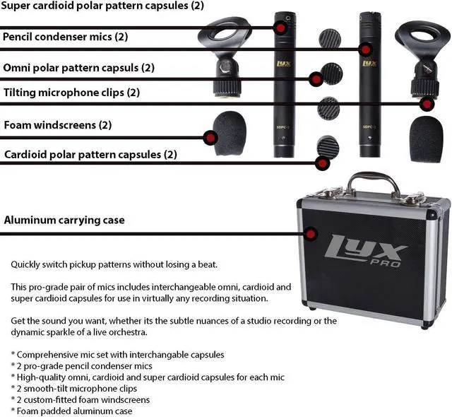 Alt view image 3 of 14 - LyxPro Pencil Condenser Stick Microphones Omni, Cardioid, Super Cardioid Capsule