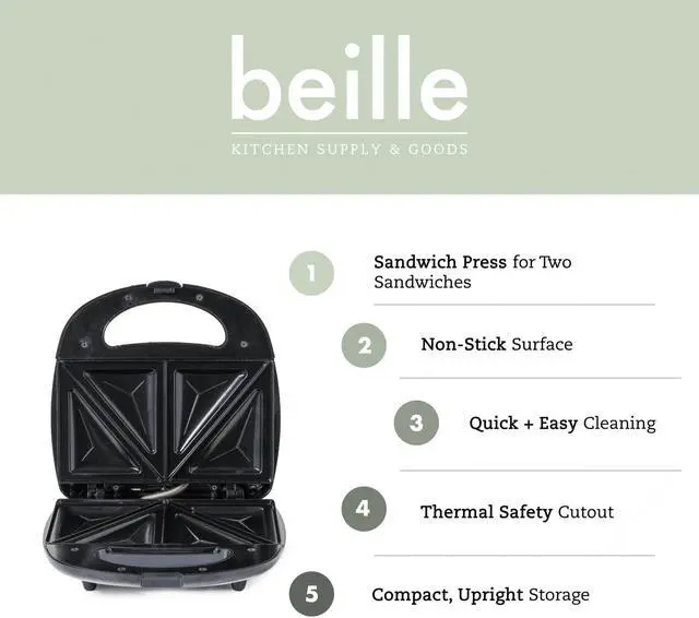 Alt view image 2 of 8 - Beille Panini Press Sandwich Maker Toaster Kitchen Appliances with Nonstick Grill Plates, Black