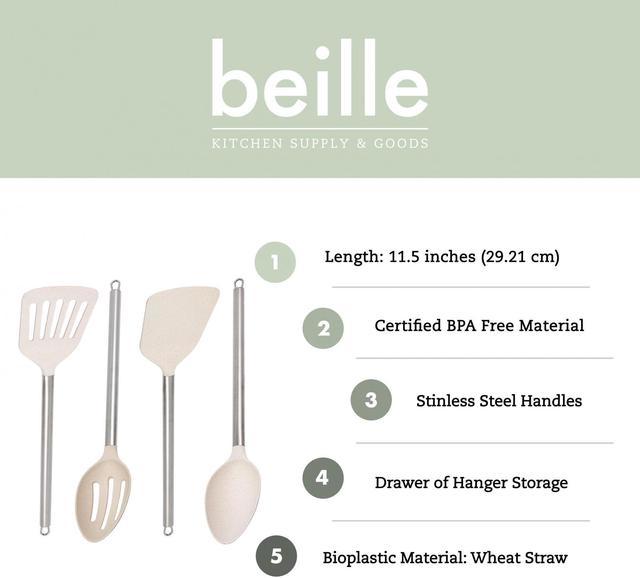 Beille Cream Wheat Straw Spoons and Spatula Cooking Kitchen Utensils Set,  4pc