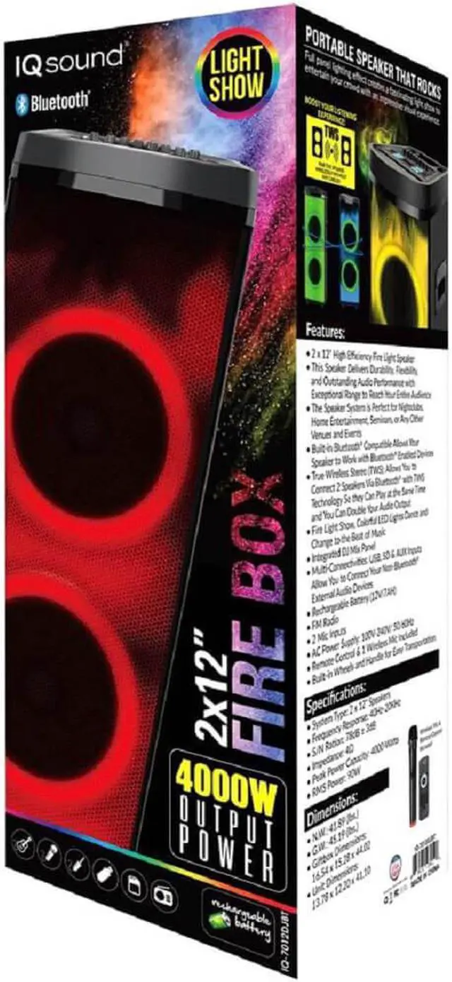 Alt view image 6 of 12 - Super Sonic IQ-7012DJBT Bluetooth 2 x 12” True Wireless Rechargeable Speaker 90 Watts with FIRE Light Show, FM, Mic
