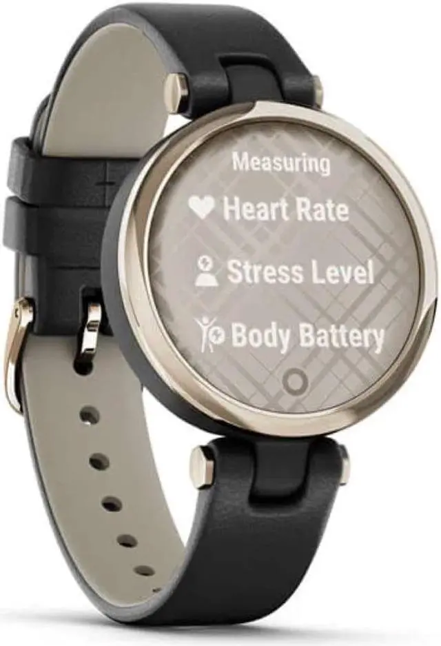 Alt view image 3 of 7 - Garmin Lily™ Smartwatch - Cream Gold Bezel with Black Case and Italian Leather Band