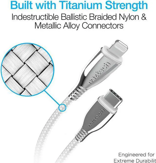 Alt view image 3 of 5 - Naztech 15498 6 Ft. Titanium USB-C to Lightning Braided Cable - White