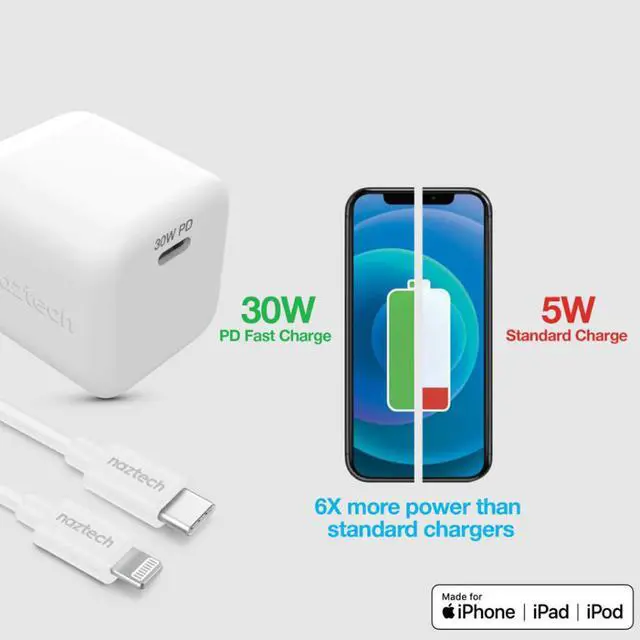 Alt view image 4 of 7 - Naztech 15544 6ft White 30W PD Wall Charger And USB-C