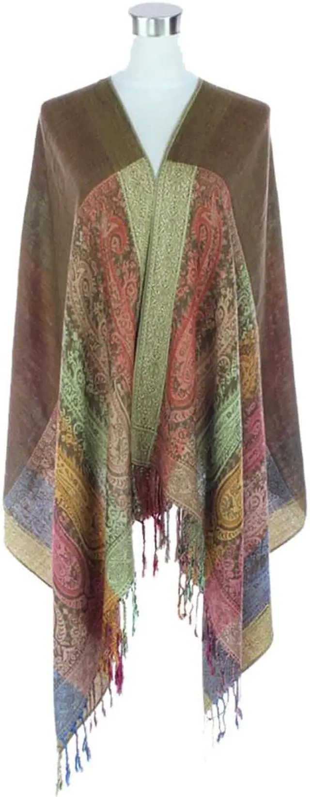 Main image of Two Sides Long Paisley Pashmina Shawl - Olive Brown