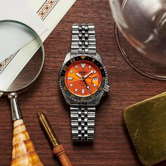 Alt view image 4 of 4 - Seiko 5 Mens SKX GMT Series Sports Watch - Stainless Steel/Orange Dial