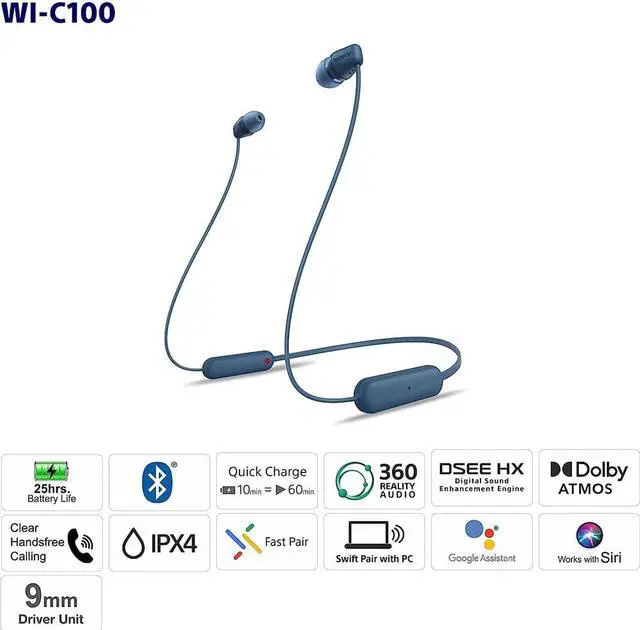 Alt view image 7 of 13 - Sony WI-C100 Wireless In-Ear Headphones - Blue