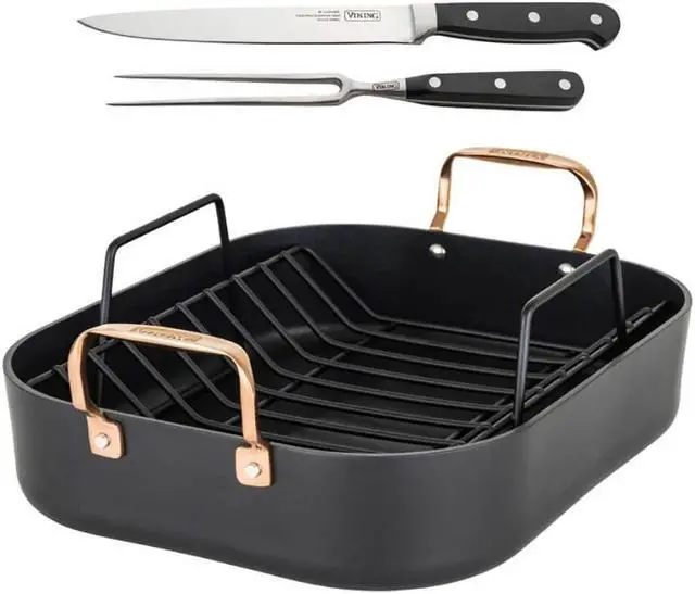Main image of Viking Hard Anodized Nonstick Roaster w/ Rack & Carving Set - Black/Copper
