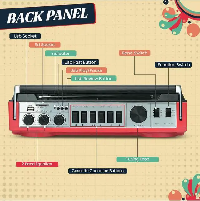 Alt view image 3 of 5 - Audiobox RXC25BTRED Retrobox Cassette Player and Bluetooth Speaker - Red