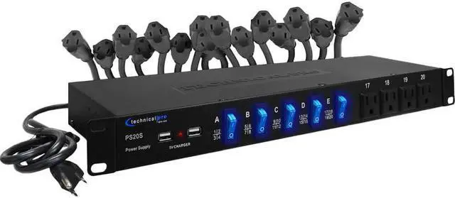 Alt view image 2 of 5 - Technical Pro PS20S 20 Outlet 4 USB Port Rackmount Power Supply and Surge Protector