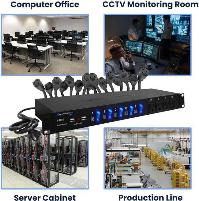 Alt view image 3 of 5 - Technical Pro PS20S 20 Outlet 4 USB Port Rackmount Power Supply and Surge Protector