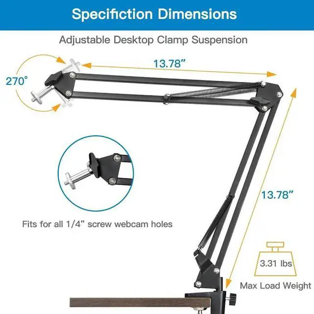 Alt view image 3 of 4 - Technical Pro DESKCAM2 Webcam Suspension Crane Arm With Base and Desk Clamp