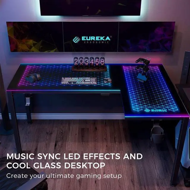 Alt view image 3 of 7 - Eureka Ergonomic RGB LED Lights Glass Gaming Desk - 60" x 40.25" x 30" -Black  ERK-GD-L60R-B-US