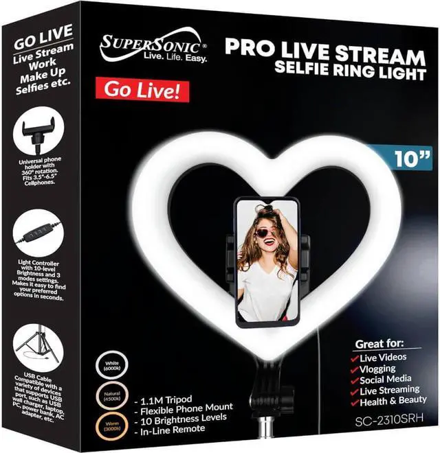 Alt view image 7 of 7 - Supersonic SC2310SRH 10 inch Heart Shaped Selfie Ring Light