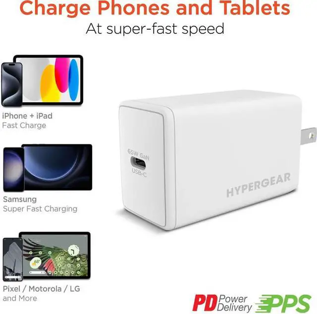 Alt view image 5 of 7 - Hypergear 15876 SpeedBoost 65W USB-C PD GaN Laptop Wall Charger with PPS - White