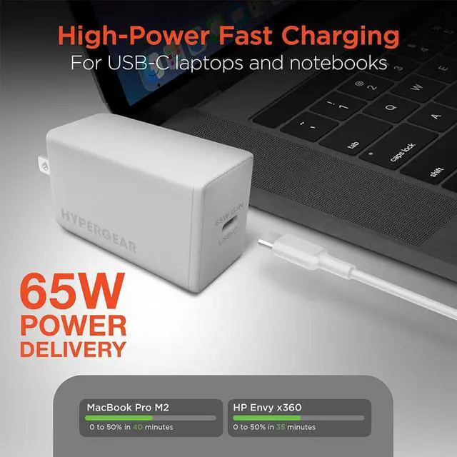 Alt view image 3 of 7 - Hypergear 15876 SpeedBoost 65W USB-C PD GaN Laptop Wall Charger with PPS - White