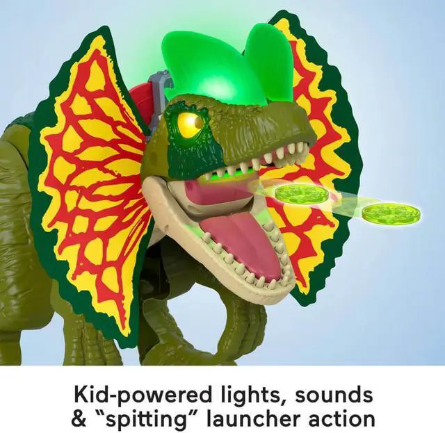 Alt view image 4 of 6 - Mattel HVY16 Imaginext Jurassic World Thrash Attack Dilophosaurus Dinosaur Toy