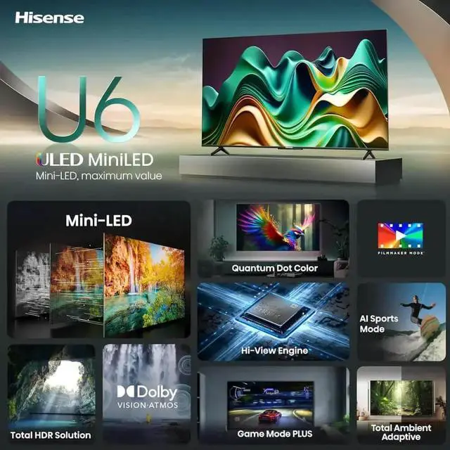Alt view image 4 of 7 - Hisense 55U6N 55 inch Class U6 Series Mini-LED ULED 4K Smart Google TV