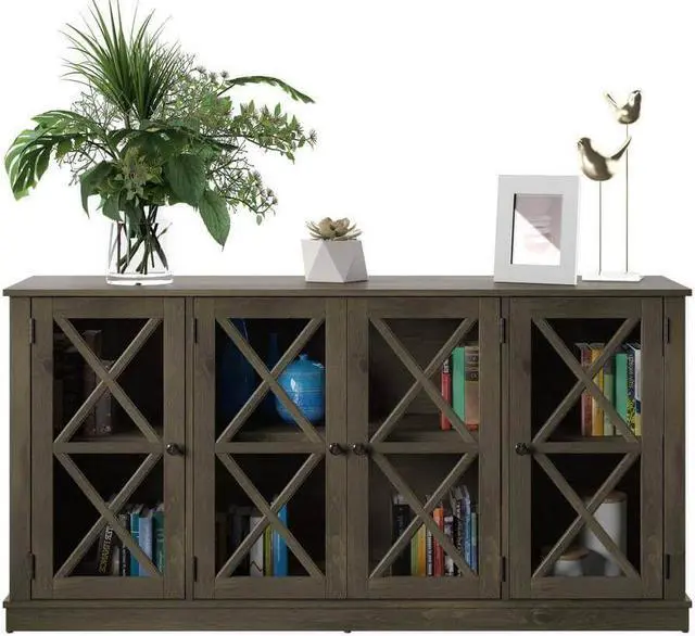 Alt view image 6 of 6 - Twin Star Home OT6092PI14 Sideboard Buffet with Tempered Glass Doors - Spanish Gray