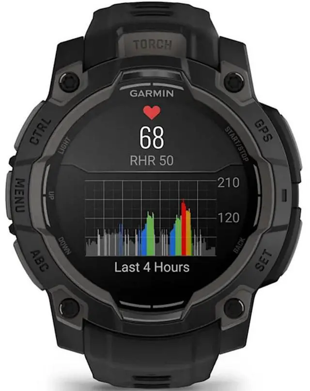 Alt view image 7 of 14 - Garmin Instinct® 3 45mm, AMOLED Display, Rugged Outdoor GPS Smartwatch, Metal-Reinforced Bezel, Built-in Flashlight, Up to 18 Days of Battery Life, Black