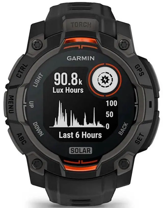 Alt view image 2 of 14 - Garmin Instinct® 3 45mm, Solar Charged Display, Rugged Outdoor GPS Smartwatch, Metal-Reinforced Bezel, Built-in Flashlight, Black