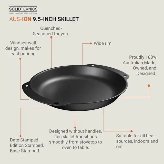Alt view image 4 of 7 - Solidteknics QL224D 9.5 inch AUS-ION Lightning Oven-To-Table Dual Handle Wrought Iron Pan