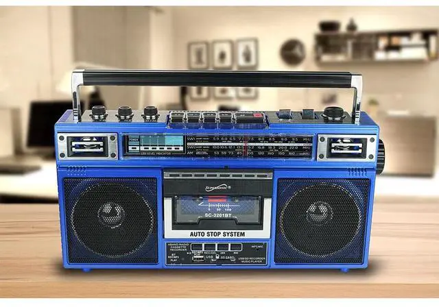 Alt view image 4 of 4 - Supersonic SC3201BTBLU Retro 4-Band Radio and Cassette Player with Bluetooth - Blue