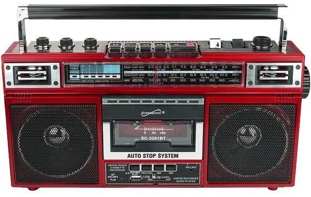 Main image of Supersonic SC3201BTRD Retro 4-Band Radio and Cassette Player with Bluetooth - Red
