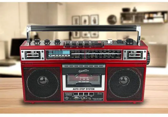Alt view image 4 of 4 - Supersonic SC3201BTRD Retro 4-Band Radio and Cassette Player with Bluetooth - Red