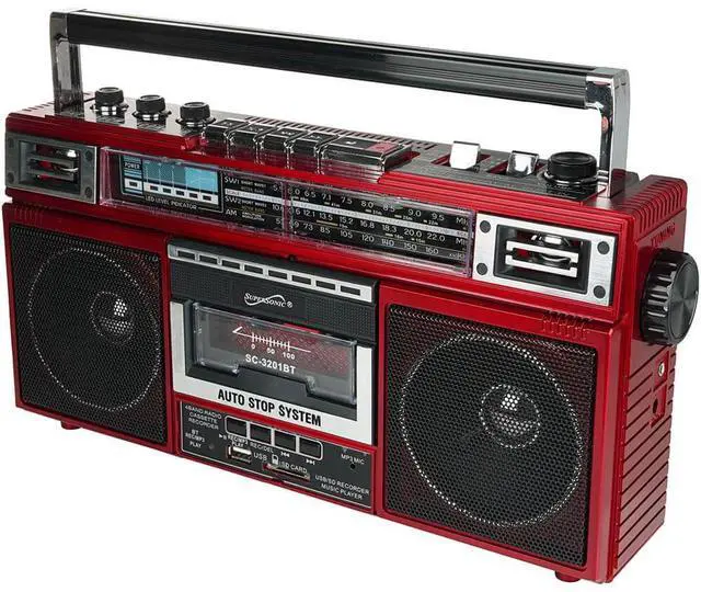 Alt view image 3 of 4 - Supersonic SC3201BTRD Retro 4-Band Radio and Cassette Player with Bluetooth - Red