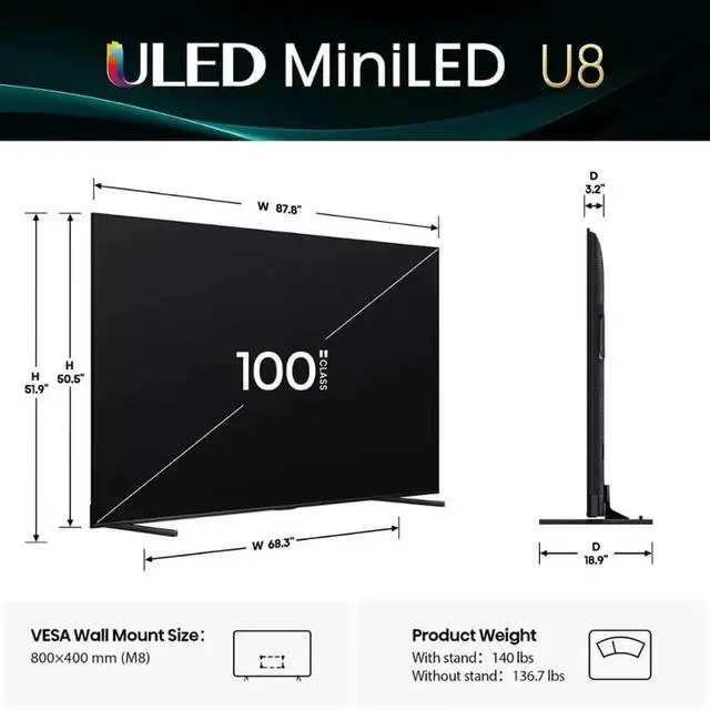 Alt view image 6 of 7 - Hisense 100U8QG 100 inch Class U8 Series 4K Mini-LED QLED UHD Smart Google TV