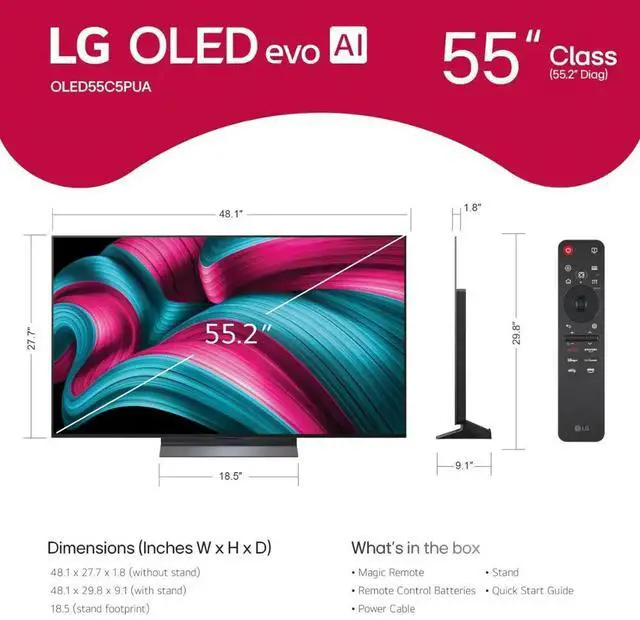 Alt view image 7 of 7 - LG OLED evo AI 4K Smart TV w/A9 Gen8, 144Hz, Dolby Vision/Atmos, HDR10, AI Upscaling, Alexa + UAX 4K HDMI Cable + CPS 24-Mo Protection + Streaming Bundle (OLED55C5PUA, 2025)