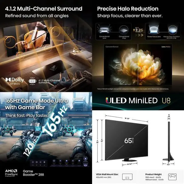 Alt view image 5 of 6 - Hisense 65U8QG 65 inch Class U8 Series 4K Mini-LED QLED UHD Smart Google TV