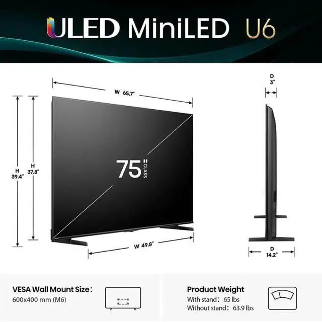 Alt view image 4 of 6 - Hisense 75U65QF 75 inch Class U6 Series 4K Mini-LED QLED UHD Smart Fire TV