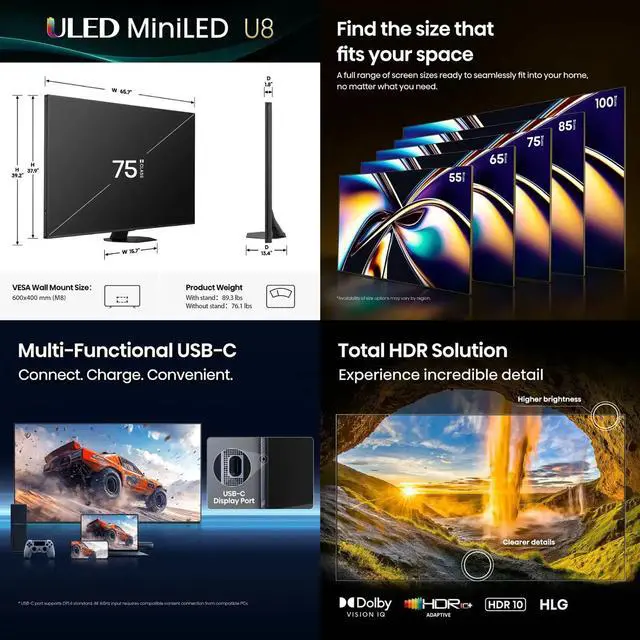 Alt view image 4 of 5 - Hisense 75U8QG 75 inch Class U8 Series 4K Mini-LED QLED UHD Smart Google TV