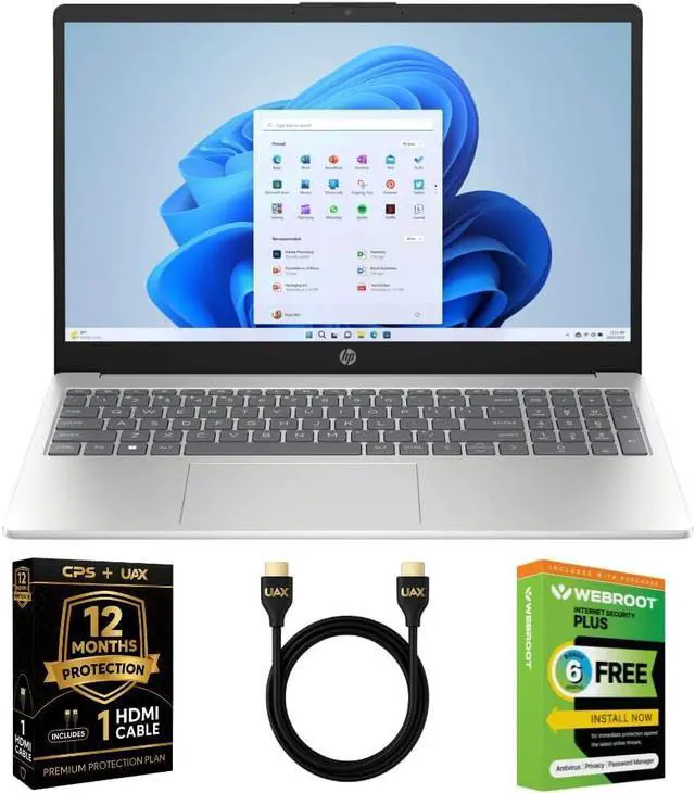 Main image of HP 15.6 HD Touchscreen Laptop Bundle, AMD Ryzen 5 7520U, 8GB RAM, 256GB SSD, for Student and Home Use w/AUX HDMI Cable, Webroot Antivirus, 2-Year Warranty