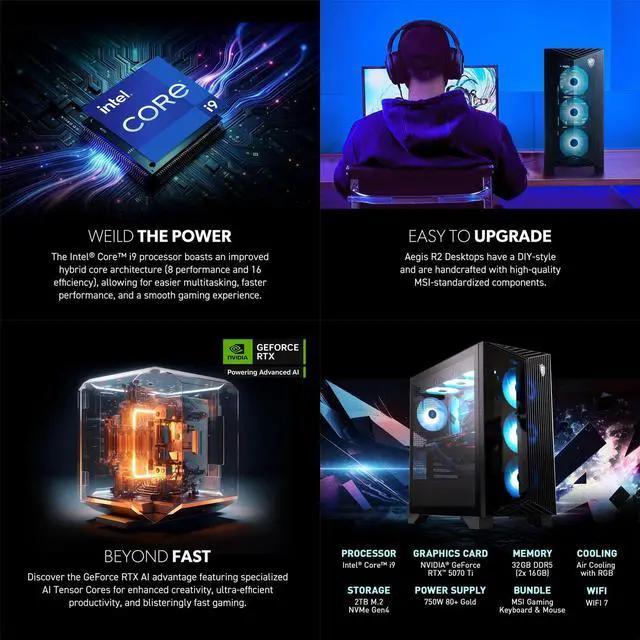 Alt view image 3 of 5 - MSI AER2A14NVR91 Aegis R2 Gaming Desktop - Intel Core i9 14900F - NVIDIA GeForce RTX 5070 Ti - 32GB/2TB SSD