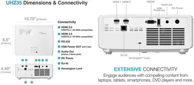 Alt view image 5 of 7 - Optoma UHZ35 High Brightness 4K UHD HDR Home Theater and Gaming Laser Projector