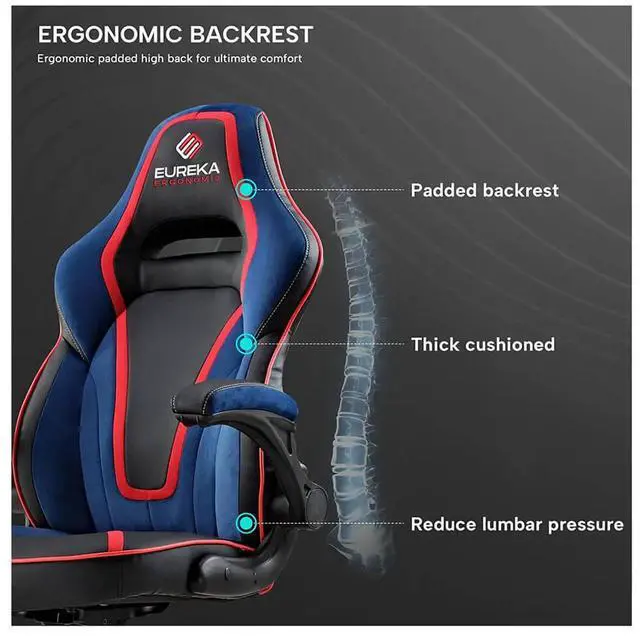 Alt view image 4 of 7 - Eureka Ergonomic Vortex Gaming Chair with S-Shaped High Back, Pressure Relief Cushion & Flip-Up Armrests Red/Blue