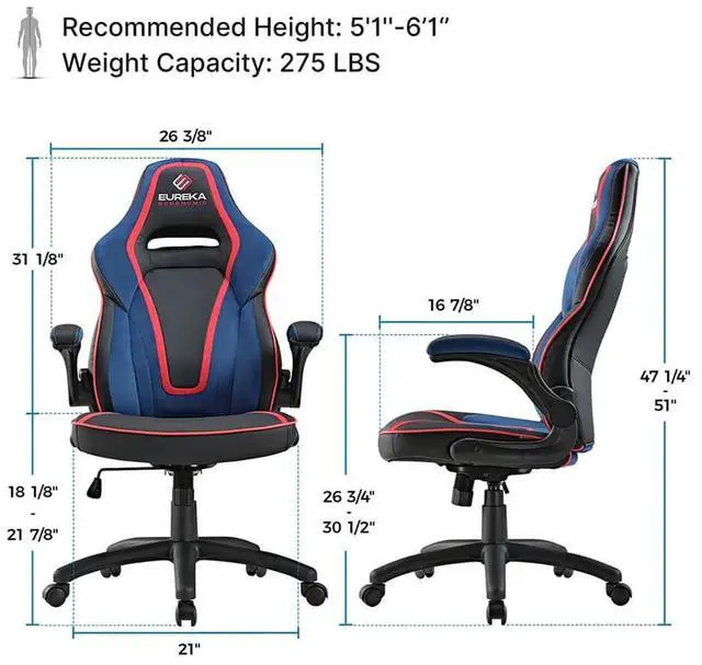 Alt view image 6 of 7 - Eureka Ergonomic Vortex Gaming Chair with S-Shaped High Back, Pressure Relief Cushion & Flip-Up Armrests Red/Blue