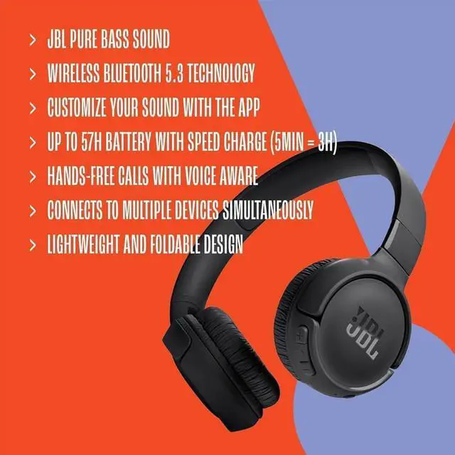Alt view image 5 of 7 - JBL T520BTPUKIT1  Tune 520BT Wireless On-Ear Headphones, Up to 57H Battery Life and Speed Charge, Lightweight, Comforta