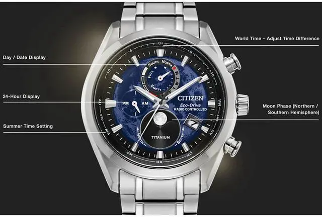 Alt view image 2 of 7 - CITIZEN BY101057L Atomic Time Keeping Tsuki-Yomi A-T Collection Eco-Drive Watch - Stainless/Blue